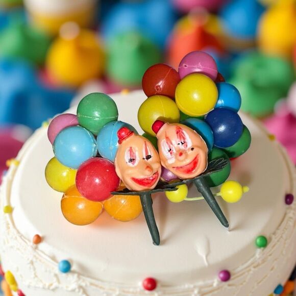 Vintage 1970s Wilton Clown Heads & Balloons Cake Toppers Cupcake Picks B17 - Picture 1 of 7